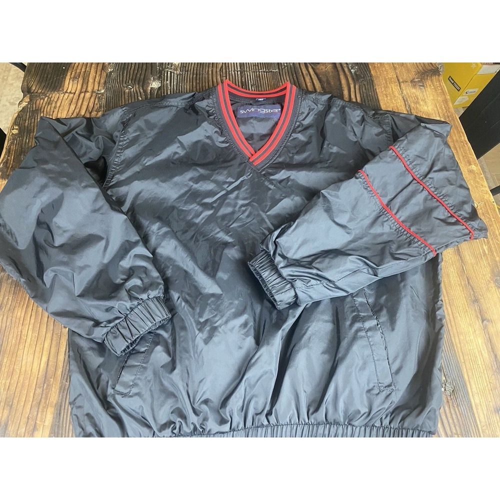 Swingster Men's Large Black V-Neck Windbreaker Lined Pullover Black w/red